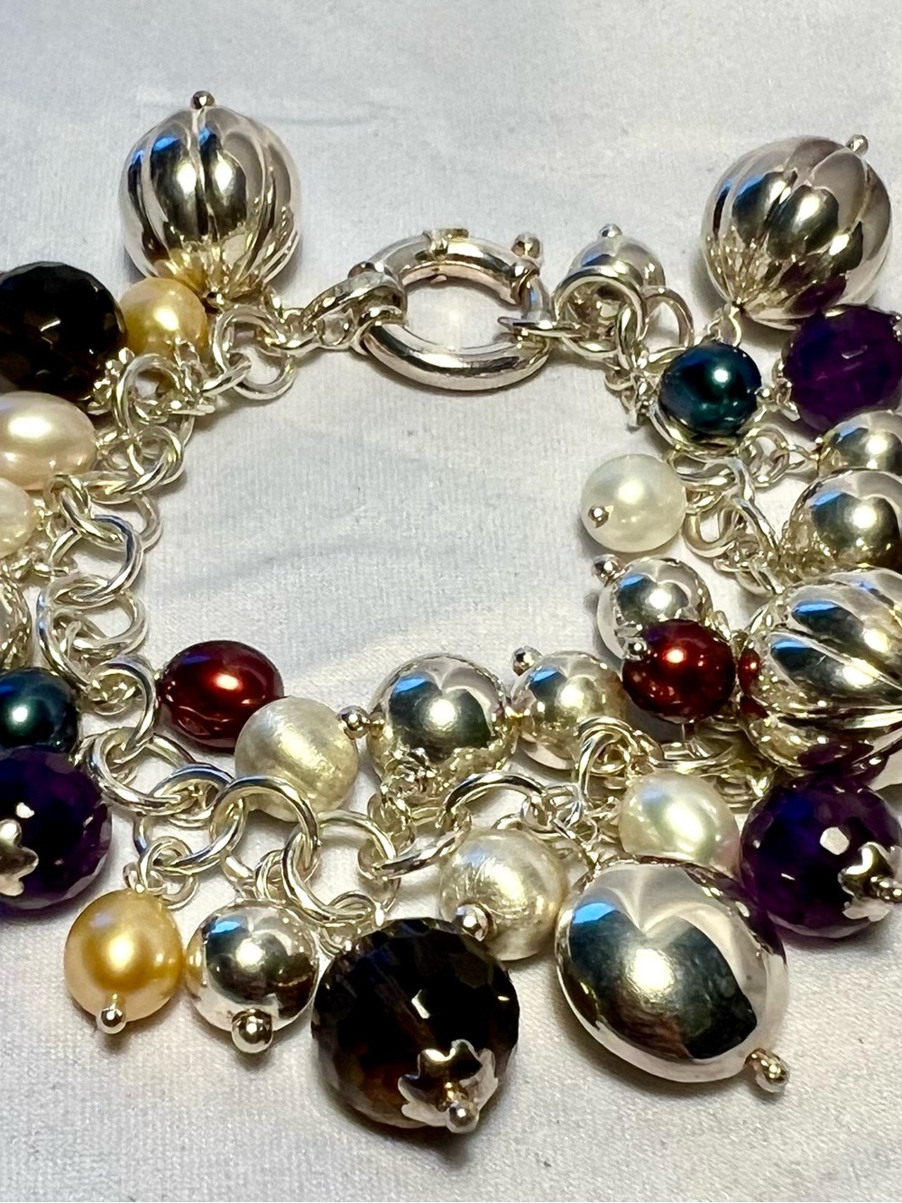 Italian Milor sterling silver multicolor gemstones charm bracelet, 7” long,